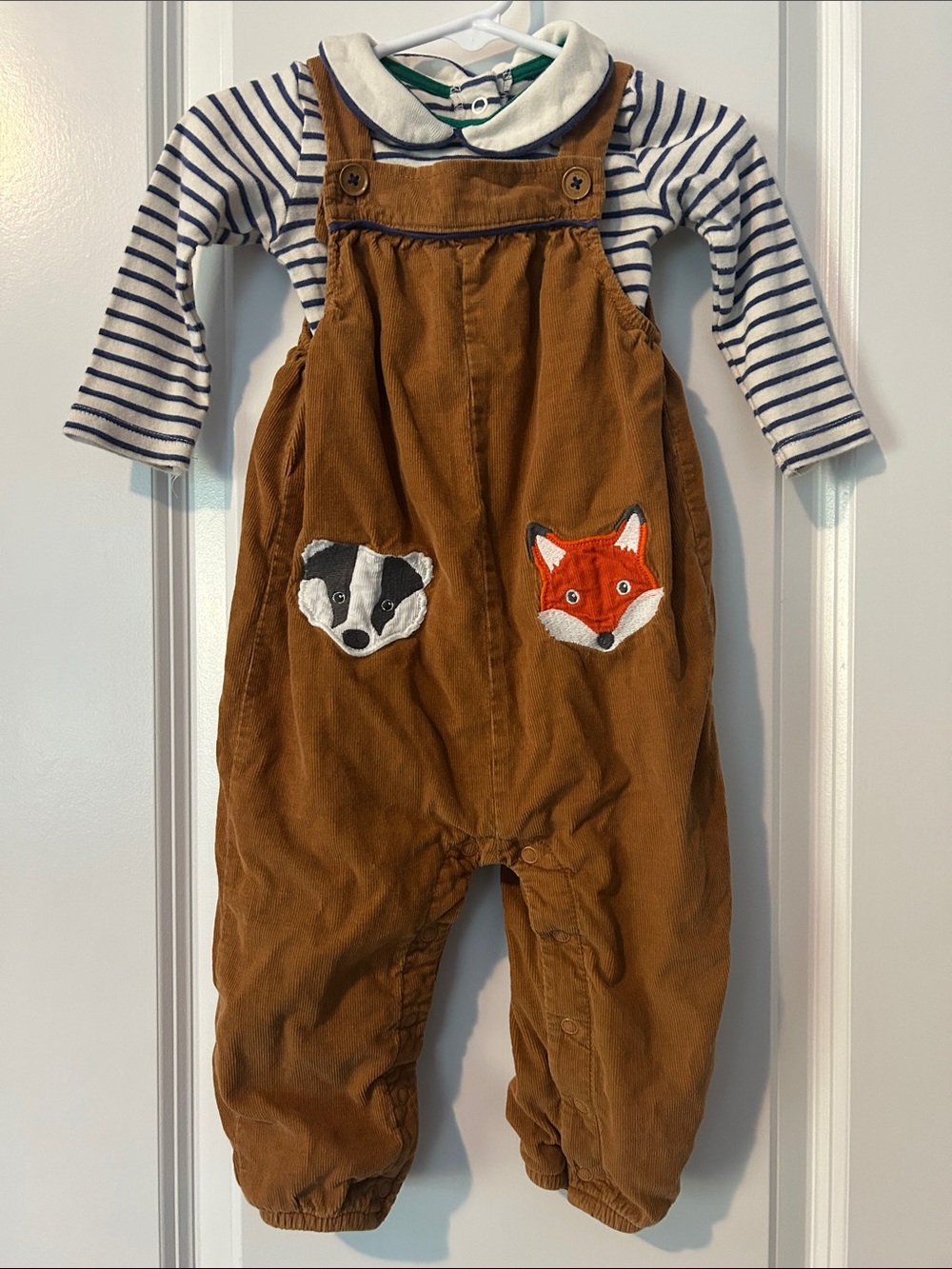 RARE Baby Boden 2pc Corduroy Overalls Dungarees with Fox & Badger Patches